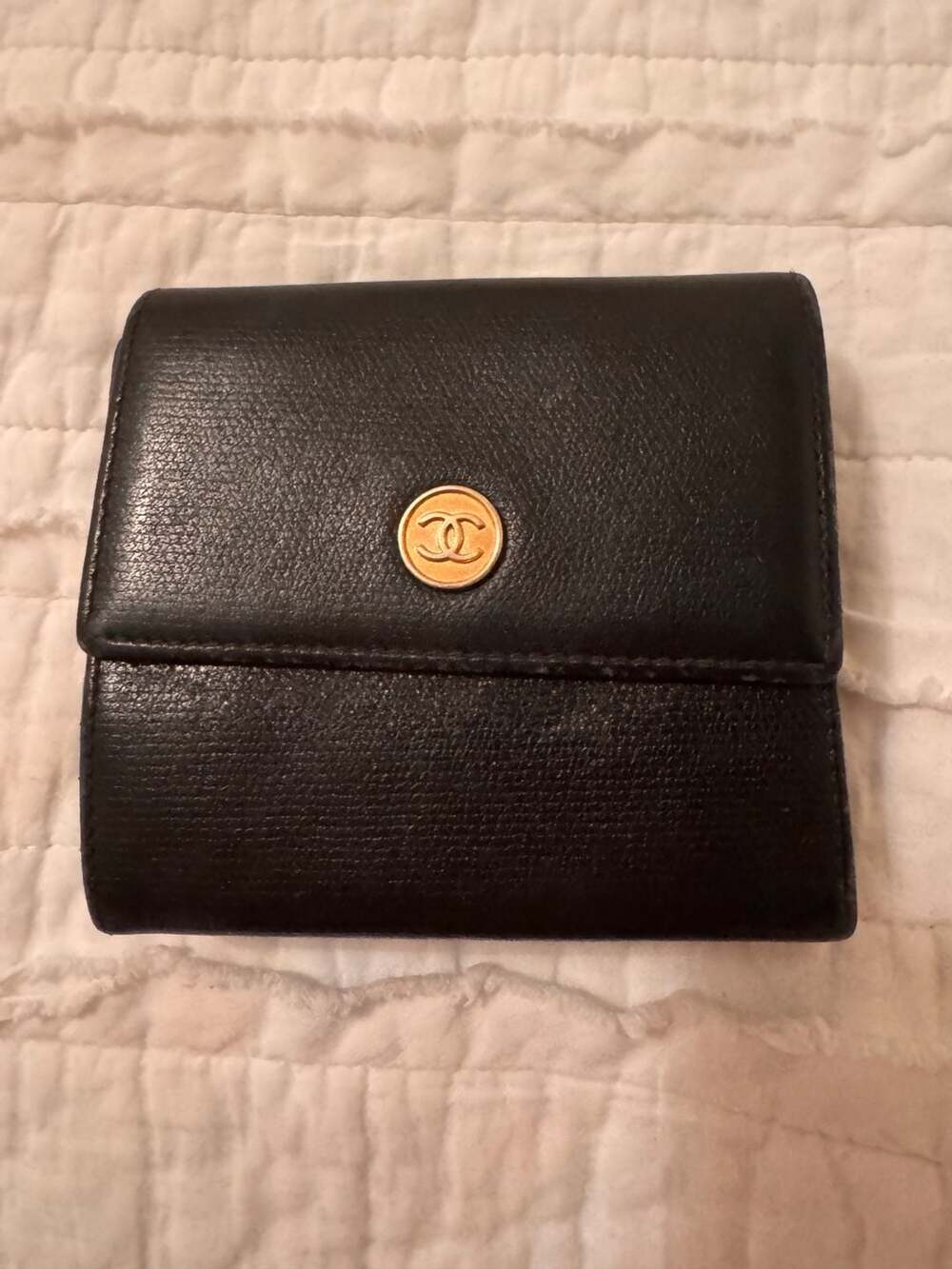 Chanel Black Caviar Leather Coco Button Trifold Compact Wallet